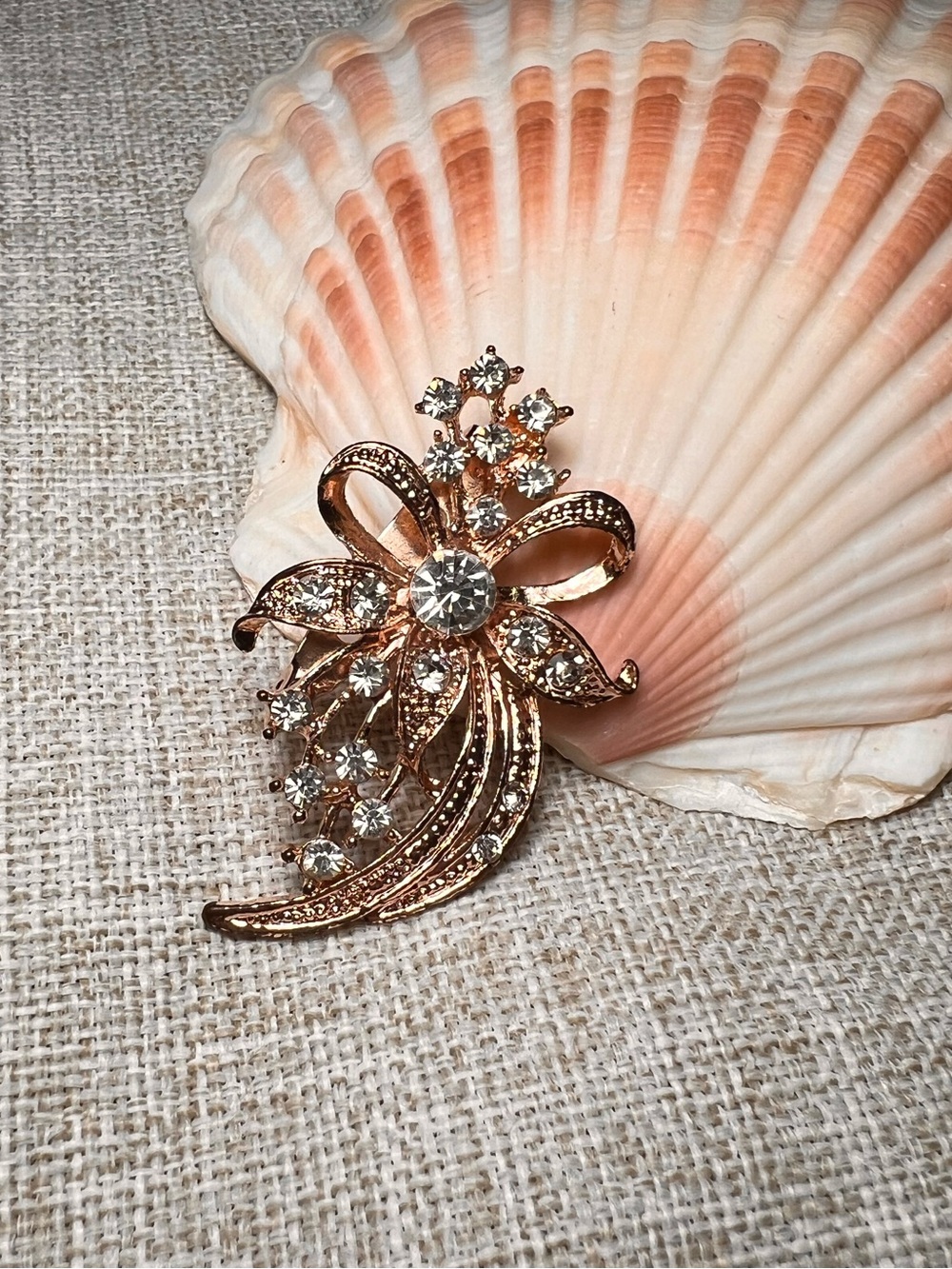 Rose Gold Floral Bow Grandma Brooch with Rhinestone Crystals